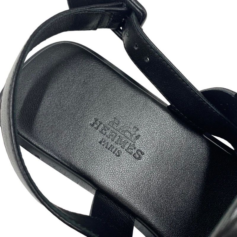 Hermes Grace Sandals Shoes Leather Black Flat Sandals