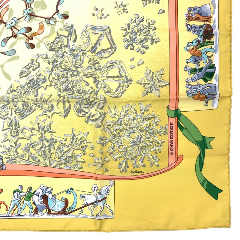 Hermes Carre 90 Neige D'antan Last Year's Snow Yellow Christmas Silk Scarf