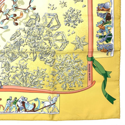Hermes Carre 90 Neige D'antan Last Year's Snow Yellow Christmas Silk Scarf