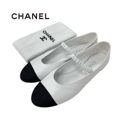 Chanel Flat Shoes Leather Fabric White Black White Mary Jane Here Mark Ballet