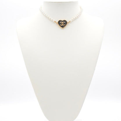 Chanel Necklace Pendant Choker Gold White Here Mark Heart