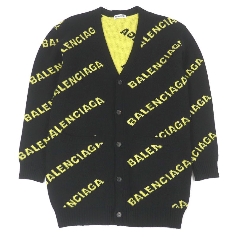 Balenciaga 555280 Wool Jacquard Logo Oversized Knit Cardigan Black S Made In