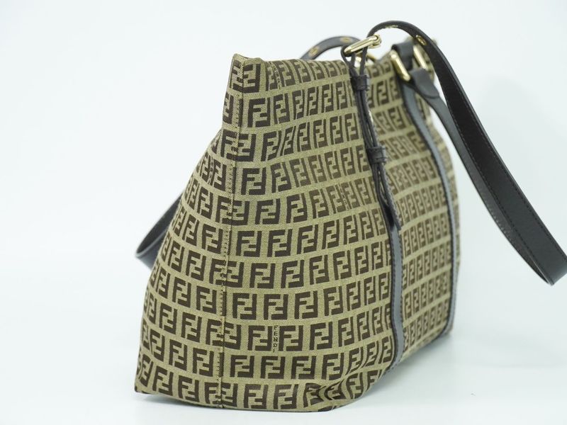 Authentic Fendi Zucchino Shoulder Bag Tote Canvas Beige Brown 8bh215 Zucchino