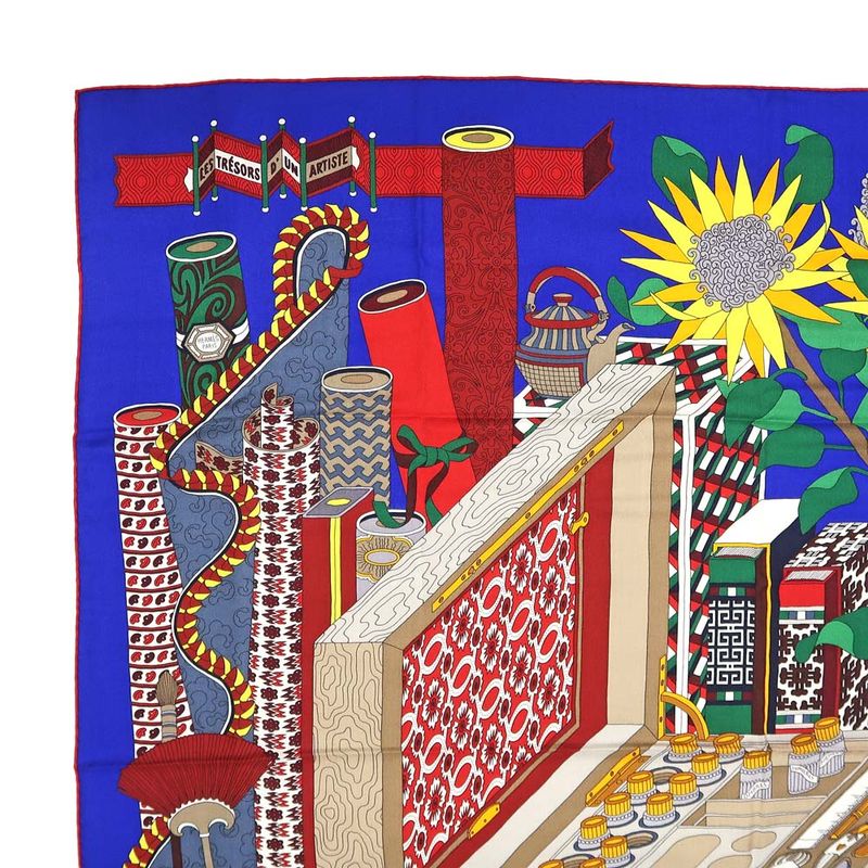 Hermes Carre 140 LES Tresors D UN Artiste Scarf Cashmere Silk Blue