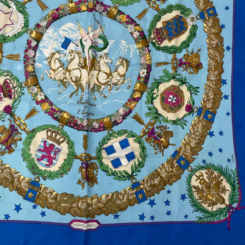 Hermes Carre 90 Emblemes De L'europe European Emblem Scarf Silk Blue