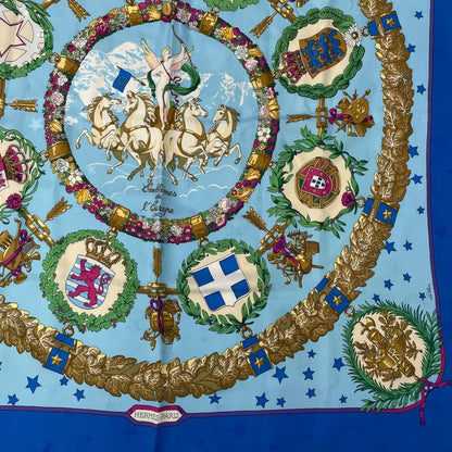 Hermes Carre 90 Emblemes De L'europe European Emblem Scarf Silk Blue