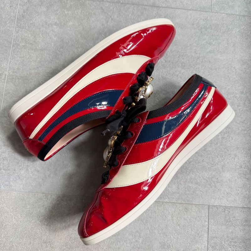 Gucci Bee Pearl Bijoux Patent Leather Sneakers 39 Women's 25cm (9.84in) Bee