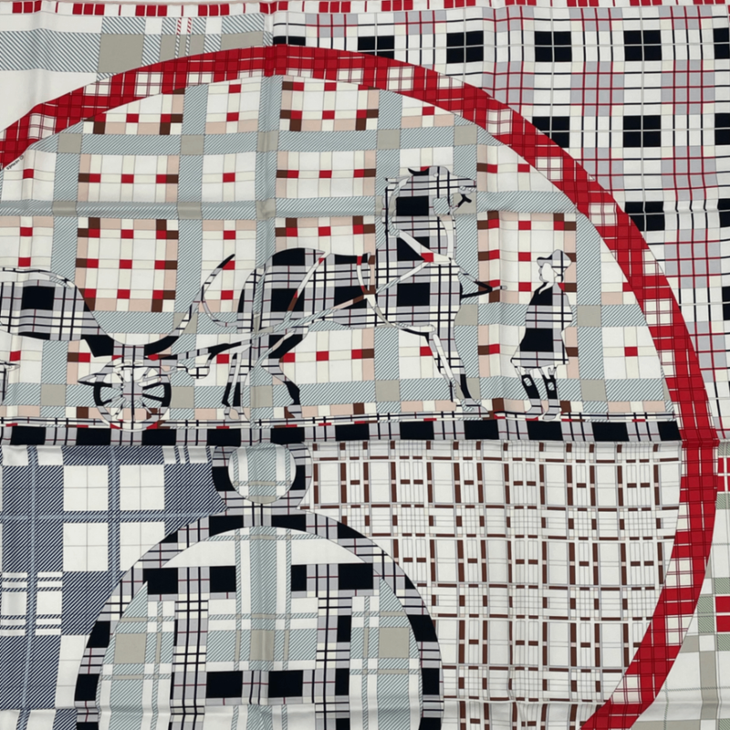 Hermes Carre 90 Silk Scarf EX Libris A Carreaux EX Libris Check Carriage H Logo