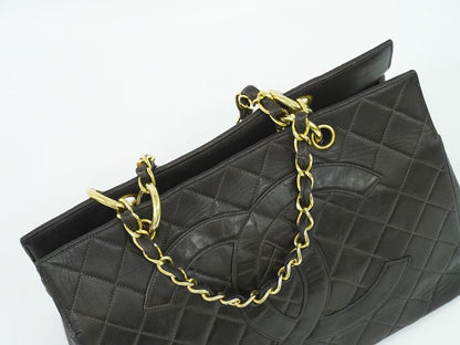 Authentic Chanel Matelasse Coco Mark Chain Tote Handbag Lambskin Leather Black