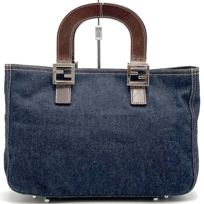 Fendi Handbag Tote Bag Denim Leather Navy Women Men Fashion