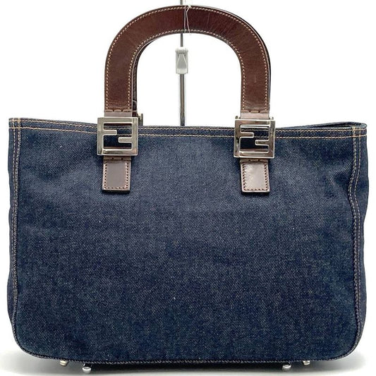 Fendi Handbag Tote Bag Denim Leather Navy Women Men Fashion