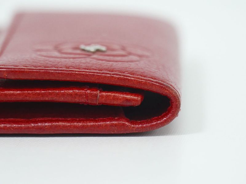 Authentic Chanel Coco Mark Camellia Card Case Business Card Holder Leather Red