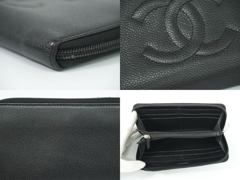 Authentic Chanel Coco Mark Round Zipper Long Wallet Long Wallet Caviar Skin