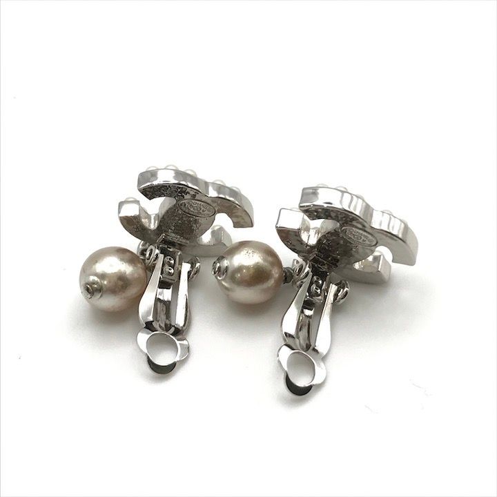 Chanel CC Logo Faux Pearl Swing Earrings Silver
