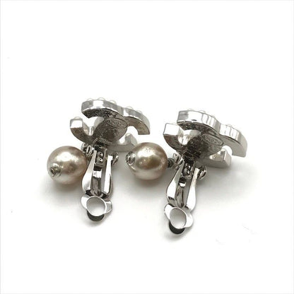 Chanel CC Logo Faux Pearl Swing Earrings Silver