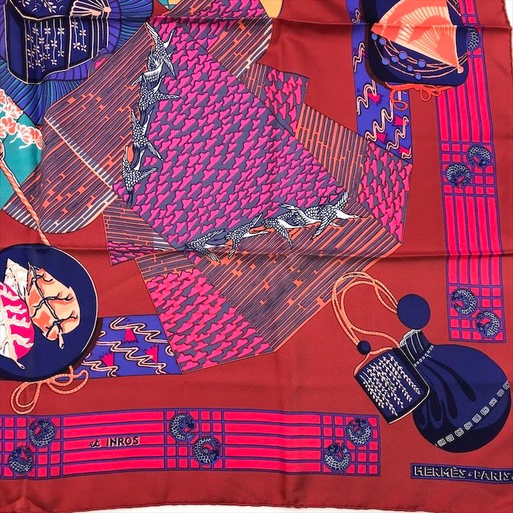 Hermes Carre 90 Scarf Silk 100% Kimono and Inro Red