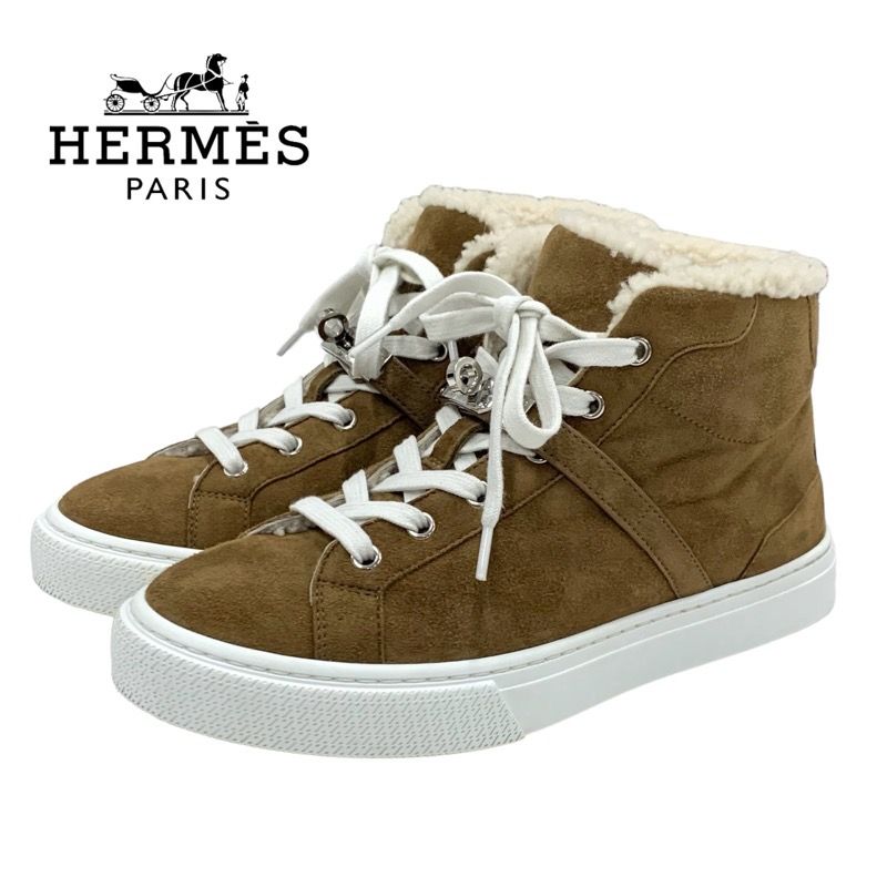 Hermes Daydream Sneakers Shoes Suede Shearling Brown Silver High Cut Sneakers