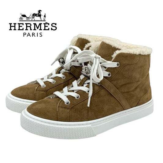 Hermes Daydream Sneakers Shoes Suede Shearling Brown Silver High Cut Sneakers