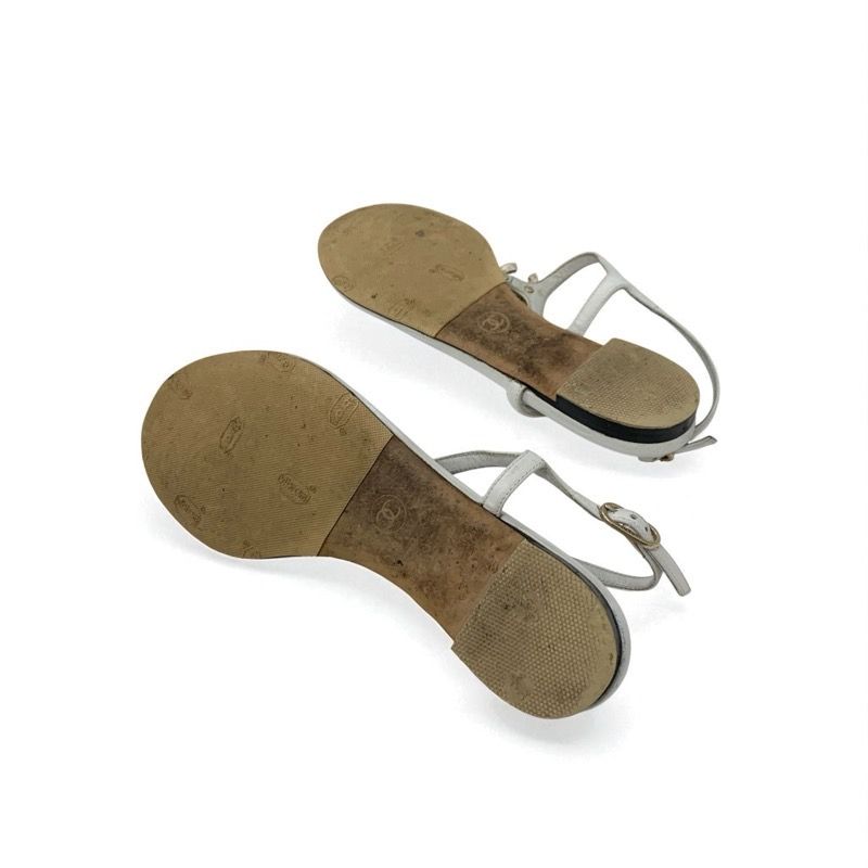 Chanel Sandals Shoes Leather White Gold Coco Mark Rhinestone Strap Thong