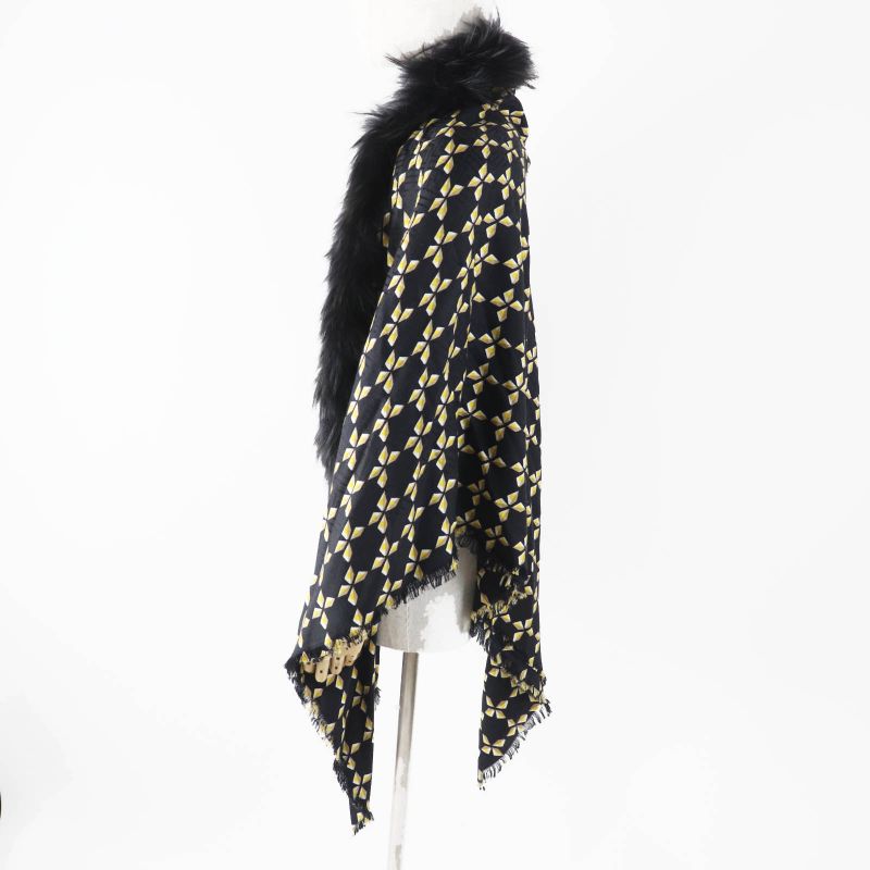 Fendi Fxt069 Silk Blend Raccoon Fur Zucca Pattern Scarf Black Yellow Beige