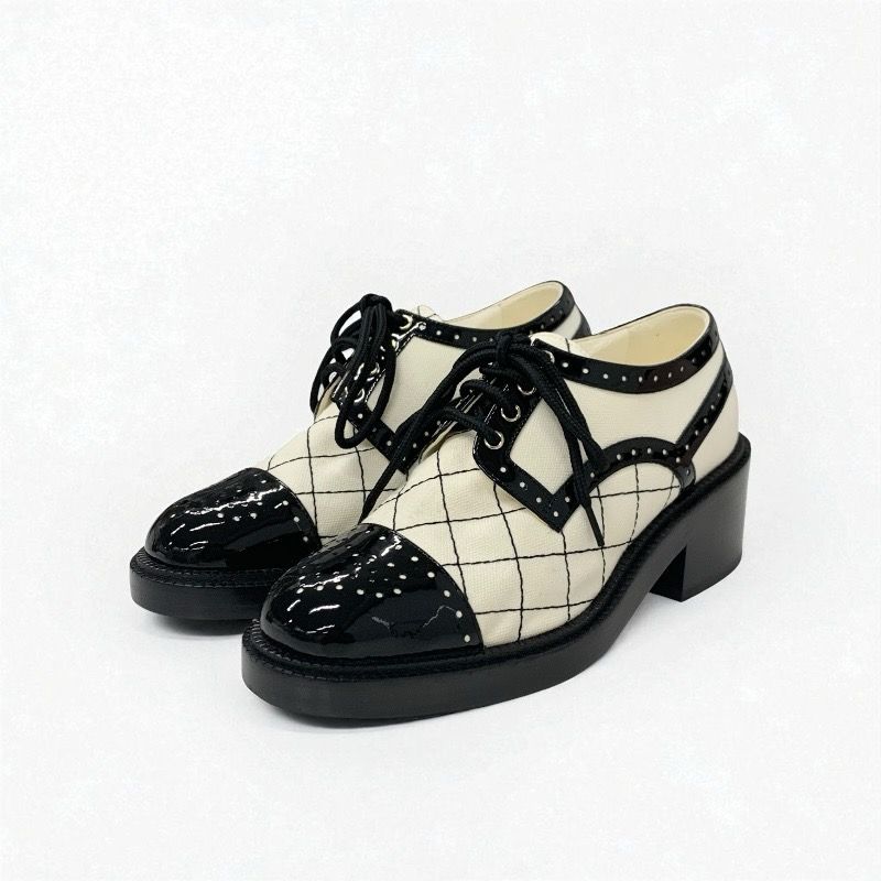 Chanel Loafers Leather Shoes Patent Fabric White Black Here Mark Lace Up Shoes