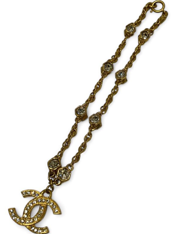 Chanel 1970's Rhinestone Coco Mark Necklace Women's Gold