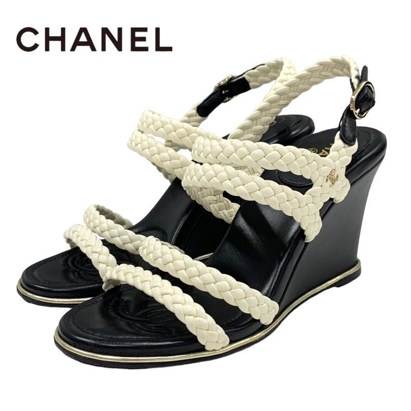 Chanel Sandals Shoes Lambskin White Black Coco Mark Braided Wedge Sole