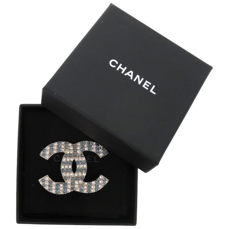Chanel Coco Mark Rhinestone Metal Silver Blue Brooch 1673 Chanel