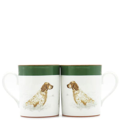 Hermes Tableware Chasse English Setter Mugs Pair Porcelain White and Green
