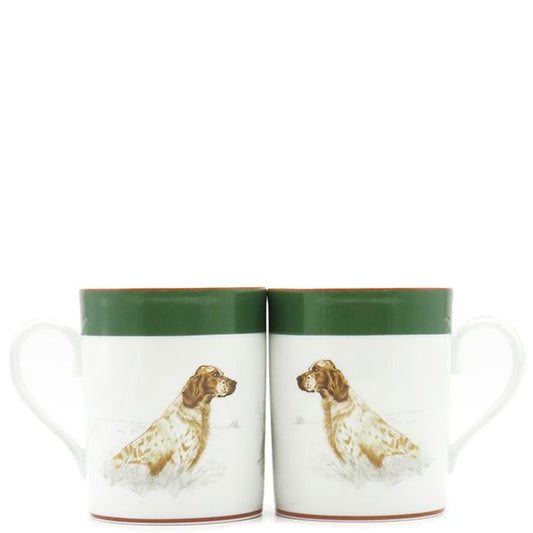 Hermes Tableware Chasse English Setter Mugs Pair Porcelain White and Green