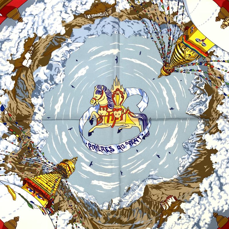 Hermes Carre 90 Prieres AU VENT Prayer In The Wind Silk Scarf Red X Blue