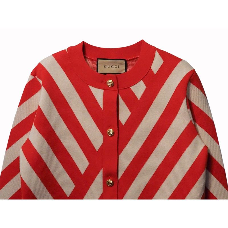 Gucci Striped Cardigan Womens Wool Red Ivory Gold Tone Double G