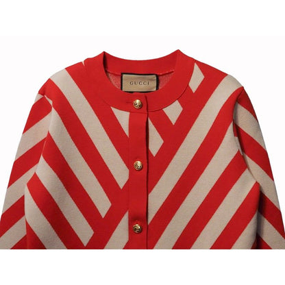 Gucci Striped Cardigan Womens Wool Red Ivory Gold Tone Double G