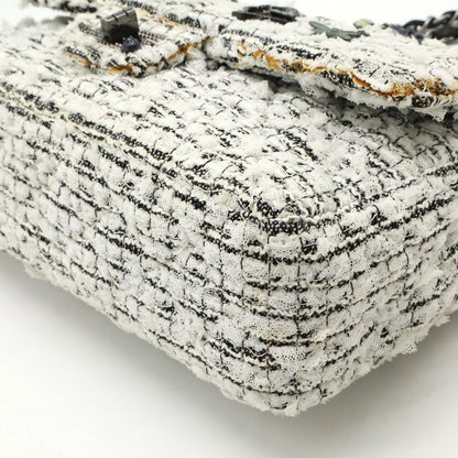 Chanel 255 Tweed W Flap Chain Bag Shoulder Bag Flower Motif Leather White Black