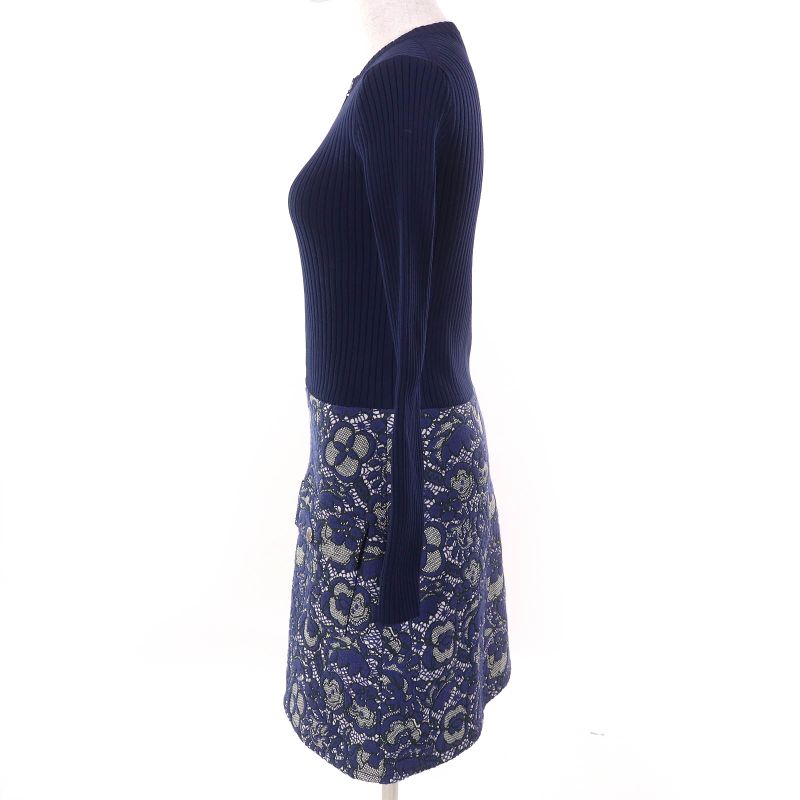 Louis Vuitton Monogram Flower Lace Jacquard Zip Up Knit Switch Dress Navy XS