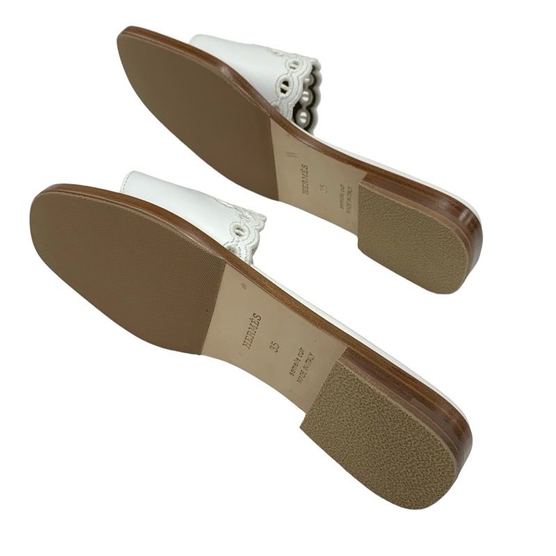 Hermes Frog Sandals Shoes Leather White Flat Sandals Mules Chaine D'ancre