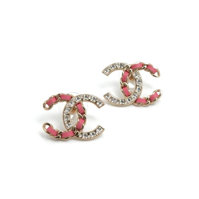 Chanel Earrings Gold Pink Coco Mark Rhinestone
