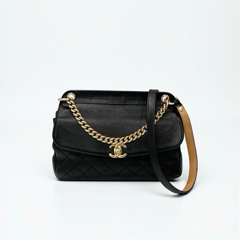Chanel Bag Shoulder Leather Black Gold Quilted Turn Lock Double