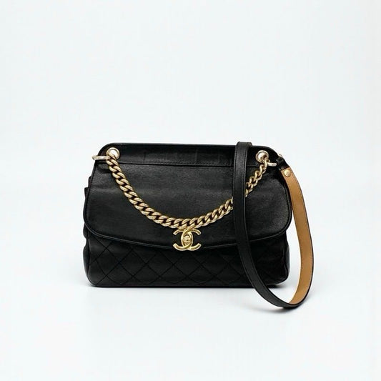 Chanel Bag Shoulder Leather Black Gold Quilted Turn Lock Double
