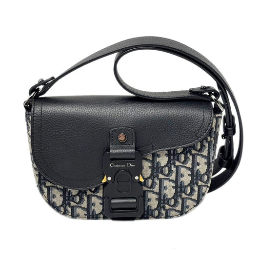 Dior Shoulder Bag Oblique Jacquard Grained Calfskin Saddle with Flap Mini Navy