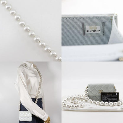 Chanel Pearl Strap Flap Wallet Matelasse Ap1838 Leather X Faux Pearl Light Blue