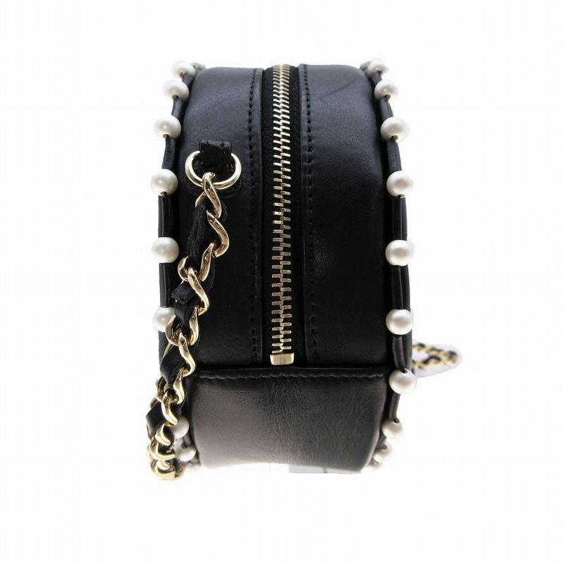Chanel Lambskin Round Pearl Chain Matelasse Mini Shoulder Bag 29th Black Ladies