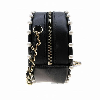 Chanel Lambskin Round Pearl Chain Matelasse Mini Shoulder Bag 29th Black Ladies