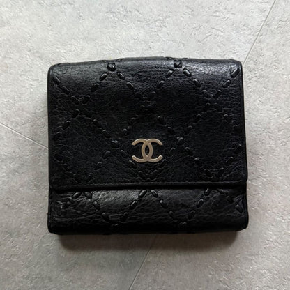 Chanel Stitching Coco Mark W Hook Bifold Wallet Leather Black Compact Wallet