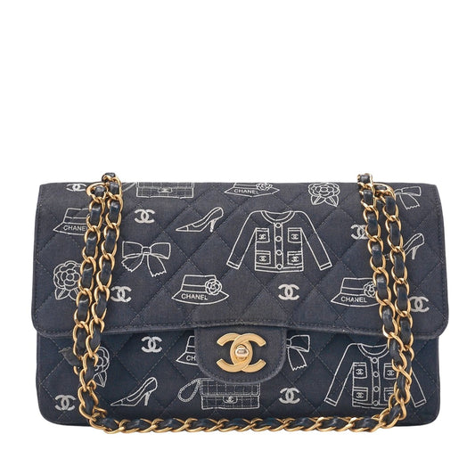 Chanel Quilted Double Flap 25 Icon Print Chain Shoulder Canvas Bicolor Black