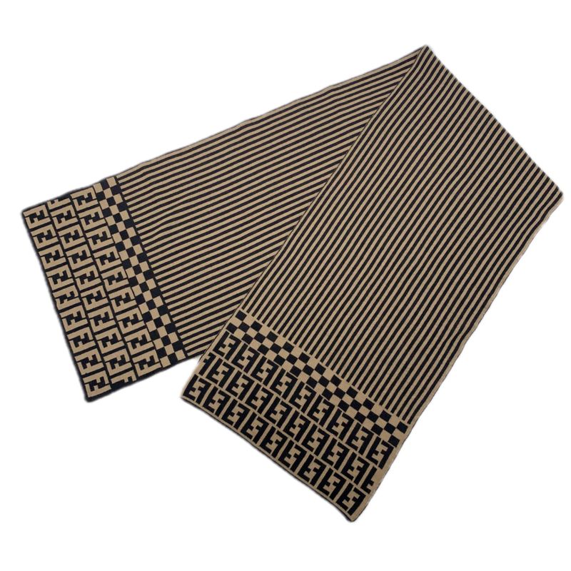 Fendi Zucca Pattern FF Logo Scarf Logo Stripe Beige Black