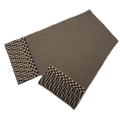 Fendi Zucca Pattern FF Logo Scarf Logo Stripe Beige Black