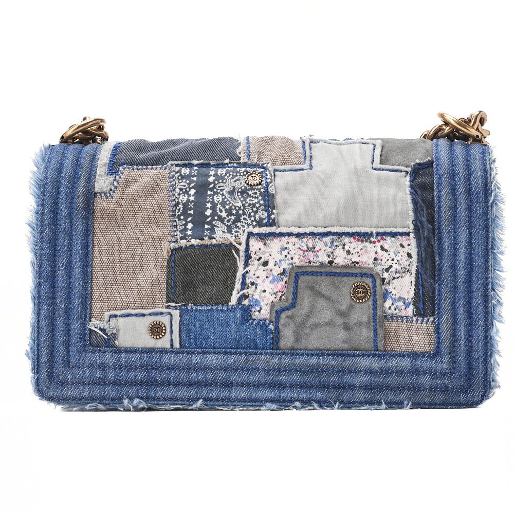 Chanel Boy Chanel Patchwork Chain Shoulder Denim Blue With Gold Hardware