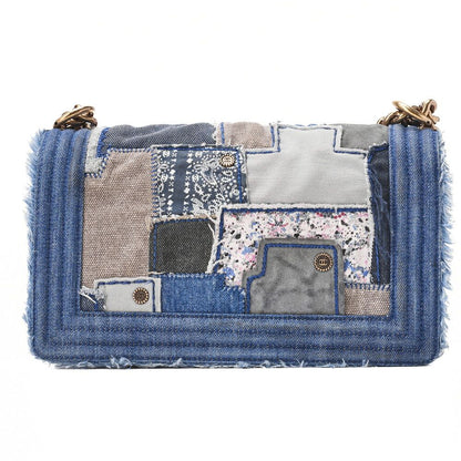 Chanel Boy Chanel Patchwork Chain Shoulder Denim Blue With Gold Hardware