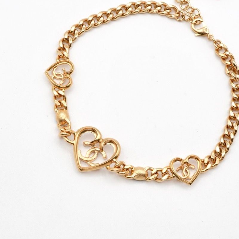 Chanel Necklace Pendant Choker Gold Blue Coco Mark Heart Rhinestone Chain